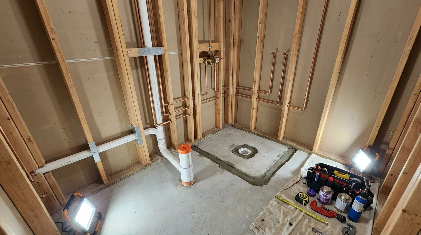 Bathroom rough-in plumbing during remodel by Johns Plumbing LLC in New Brockton