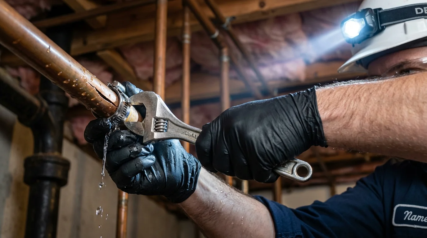 Emergency pipe clamp repair being performed by a Johns Plumbing LLC plumber in New Brockton
