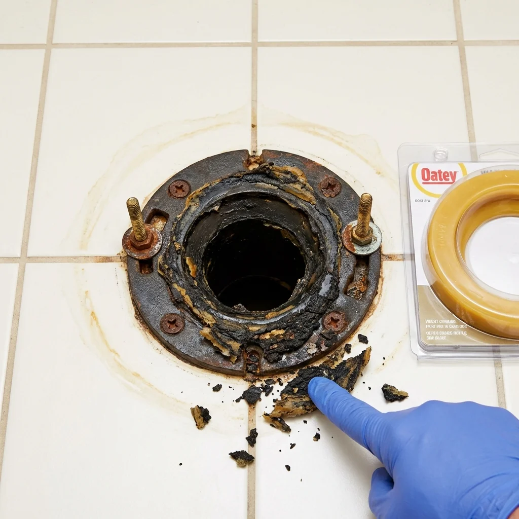 Failed wax ring showing water seepage at the base of a toilet in a New Brockton, AL home