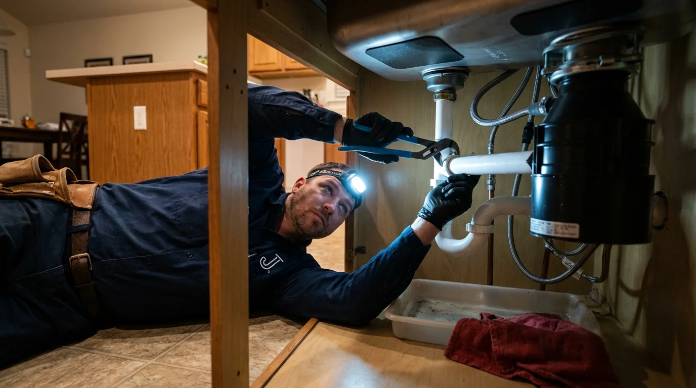 P-trap and supply line connections under a kitchen sink showing a common leak point in New Brockton, AL